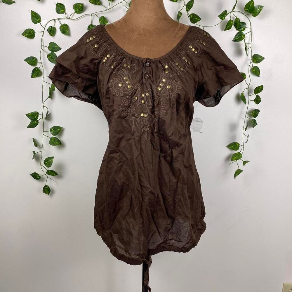 Y2k brown studded western indie embroidered ruffle sleeve boho fairy grunge